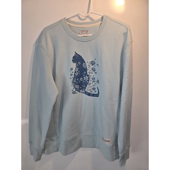 Life is Good Sweatshirt Light Blue Flower Power Cat women's pullover L large mom - Picture 2 of 9